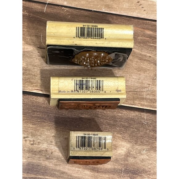 VINTAGE SET OF 3 WOOD MOUNT RUBBER STAMPS SANTA ORNAMENT MISTLETOE BY WESTWATER - Picture 2 of 6